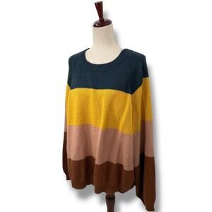 Eloquii Sweater Size 26 / 28 Striped Knit Long Sleeve Boxy Fit Blue Gold Brown
